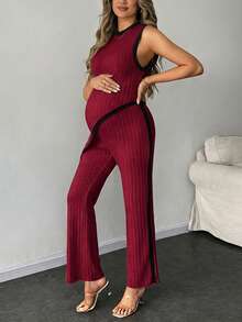 SHEIN 2 piezas Conjunto de top de tirantes acanalado y pantalones con dobladillo asimétrico para maternidad - Rojo - Ver 3