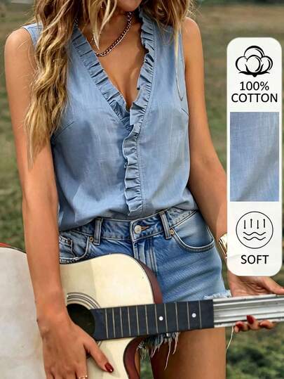 EMERY ROSE 女士纯色V领荷叶边休闲百搭日常上衣