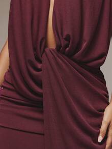 MUSERA Deep Plunge Draped Wrap Front Ruched Waist Maxi Dress Cute Sexy Occasion Night Out Summer Sping Holiday Vacation Wedding Guest - Burgundy - View 5