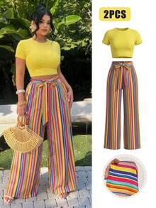 SHEIN SXY Plus Size Two-Piece Set: Yellow High-Elastic Knit Short-Sleeved Slim-Fit Cropped T-Shirt And Color-Blocked Striped Printed Faux Linen Fabric Drawstring Wide-Leg Pants.Spring/Summer Casual Vacation Bohemian Elegant Suitable For Everyday Wear, Music Festival, Concert, Carnival Party, Beach Vacation, Date Night, Birthday, Bachelorette Party, Club, Cute, Casual, Shopping, Streetwear, Going Out, Easy To Match & Looks Slim, Accent Your Body, Flatter The Figure Colorful Striped Pants Set Brunch 2 Piece - Multicolor - View 6
