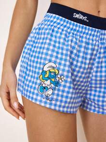 SHEIN X The Smurfs 女士百搭格子休闲短裤 - 藍色 - 查看 3