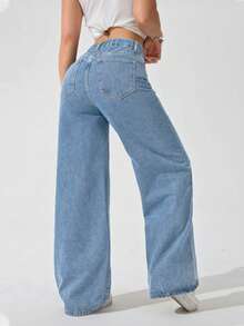 SHEIN ICON Spring Summer Casual Chic Vintage Plus Size Mid Wash Wide Leg Denim Daily Wear Weekend Street Style Women Jeans - Light Wash - View 2