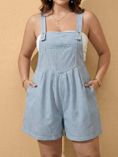  Jardineira jeans listrada plus size Elaquor, jardineira leve para primavera/verão, jardineira casual, jardineira para férias, jardineira com design listrado, jardineira com alças ajustáveis, jeans confortável