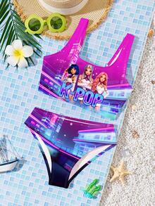 Bộ áo tắm tankini in chữ và hoạt hình dành cho bé gái tuổi teen, kèm quần lót, thích hợp cho kỳ nghỉ hè. - Nhiều màu - Xem 1