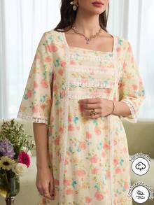 Al Najma Romantic Square Neck Lace Trim Long Sleeve Robe, Fashionable For Spring/Summer - Multicolor - View 6