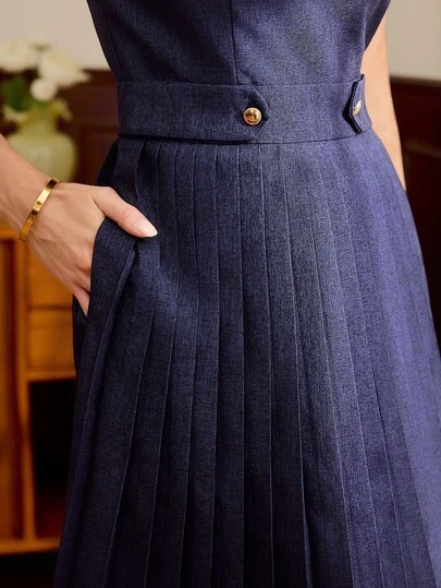 Vintamour Vestido largo elegante vintage de mujer con bolsillos, falda plisada, decoración de botones, sin mangas, casual, para ir y venir, vacaciones, vestido elegante para mujer, vestido retro, vestidos de verano para mujer, ropa de verano, atuendos de verano para mujer, atuendos de festival, vestidos de festival, atuendo para el Día de la Madre, vestidos elegantes para mujer, atuendos de trabajo para mujer, atuendos de oficina para mujer, ropa de oficina para mujer, vestimenta de trabajo para mujer, vestido azul