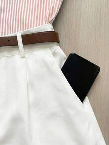 Franclia Bộ đồ nữ 2 mảnh phối màu tương phản, kẻ sọc, cổ ve áo xếp ly, tay ngắn. - Màu Khaki - Xem 3