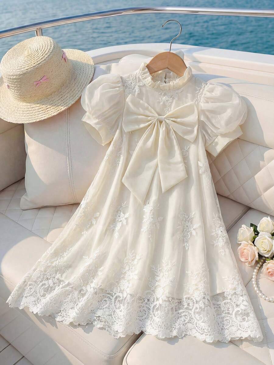 SHEIN Elladie kids Young Girls Summer 1-Piece Apricot Palace Style Dress, Chiffon Puff Sleeves + 3D Floral Mesh, Big Bow Decor Princess Dress, High-End Embroidered Mesh Formal Gown, Birthday Party Piano Recital Outfit,White Dress,Summer Elegant,Sun Dress,Vacay Vibes,Girly Era,فستان دانتيل,Urban Gala - Apricot - View 1