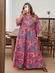SHEIN CURVE+ Plus Size Women Floral Print Flare Sleeve Ruffle Hem Beach Dress Vacation Outfits Woman Dress Beach Vacation Outfits,Summer Dresses For Women,Maxi Dress Green And White Dress Green Floral Maxi Dress Tiered Maxi Dress Fall Women Clothes School Clothes Country Outfits Women Teacher Outfits For Women Country Outfits Women Fall Clothes For Women Fall Outfits Women Dresses For Women Casual - Red Violet - View 7