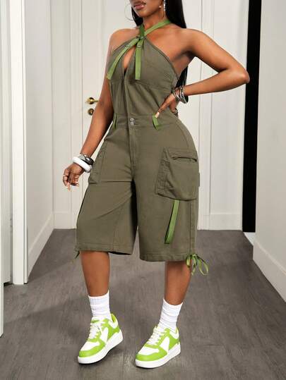 Slaydiva Women's Backless Halter Denim Jumpsuit