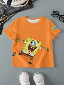 SpongeBob SquarePants | SHEIN 男童可爱卡通印花圆领短袖T恤，多件装，夏季 - 彩色 - 查看 18