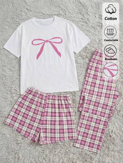 SHEIN Cotton Plus White Pink Bow Printed Short Sleeved Shirt & Pink Plaid Pattern Long Pants And Shorts Homewear Comfort Casual 3pcs Pajama Set