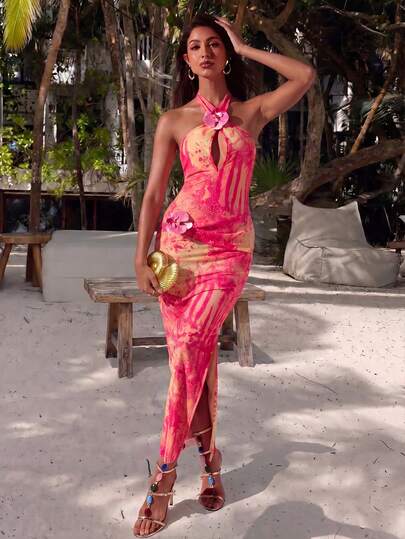 Optris Đầm maxi hồng nhuộm tie-dye, chất liệu lưới in hoa, cổ yếm khoét sâu, hở lưng, eo thon, xẻ tà cao, lựa chọn thanh lịch và gợi cảm cho kỳ nghỉ hè, đi biển, dự tiệc, hẹn hò. Thích hợp cho kỳ nghỉ hè, đi biển, dự tiệc, hẹn hò lãng mạn, mặc hàng ngày, trang phục nghỉ hè, đầm dạ hội, trang phục dự tiệc cho nữ, trang phục lễ hội, đầm dự tiệc, trang phục đi biển cho nữ, đầm dự tiệc cưới, trang phục thành phố, phong cách Boho, trang phục đi biển từ ngày đến đêm, trang phục đi biển cho nữ, đầm định hình vòng eo, đầm dự tiệc brunch.