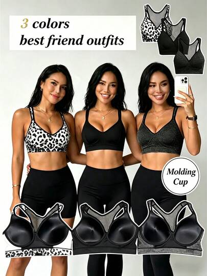 SHEIN Dewbera 3pcs/Set Sports Bras In Leopard Print, Linen Black, And Solid Black, Fixed Cup, High Support, Mesh Racerback, Adjustable Hook Closure, Sexy Back Seamless Underwear Gym Bras For Women Sports Bras Pack Gym Clothes Women Top Gym Tops With Bra Workout Tops For Women