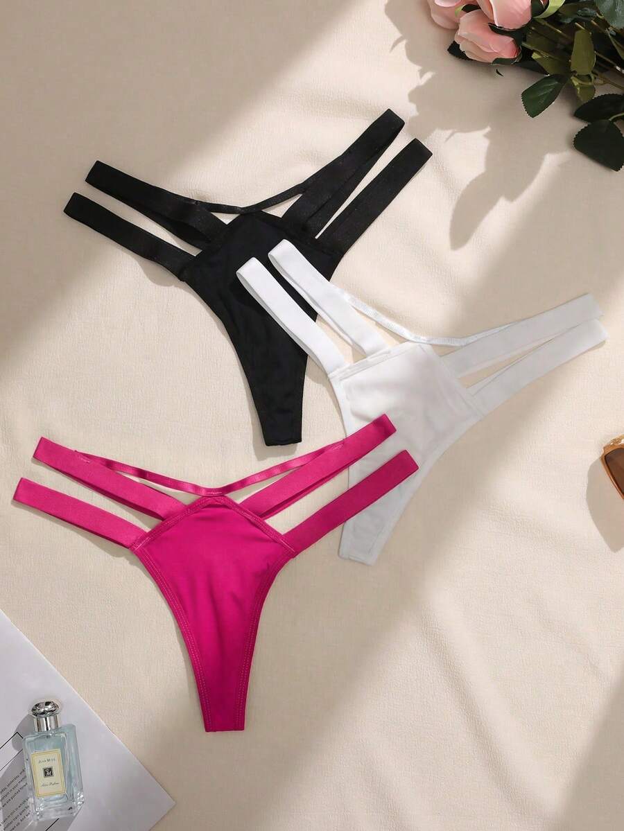 3pcs Women Solid Color Hollow Out Thong Panties - Multicolor - View 1