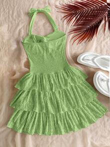 SHEIN Đầm ngắn mùa hè cho bé gái tuổi teen, kiểu dáng suông, có phần ngực nhún chun, cổ buộc dây, nơ và xếp tầng, có thể mặc trong hoặc ngoài, đầm hè, màu trắng trơn. - màu xanh lá - Xem 2
