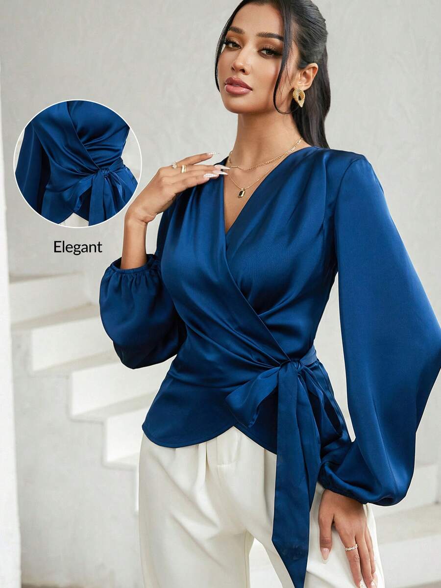 Modelyn Blusa elegante de unicolor con mangas farol y lazo