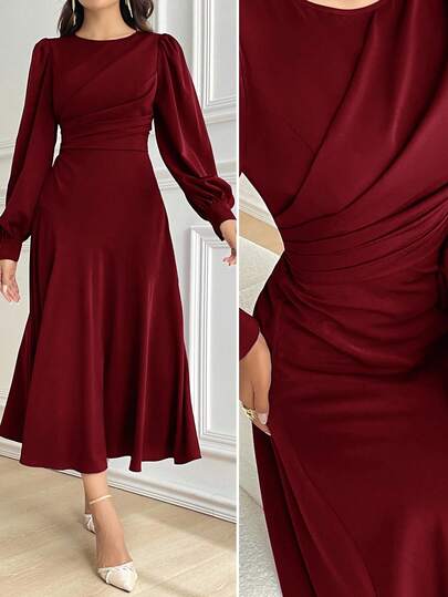 Modelyn فستان أنيق طويل متوسط الطول للنساء بأكمام كُمّيّة وياقة مستديرة، بتجاعيد، لون أحمر أرجواني داكن، فساتين سهرة طويلة خريفية