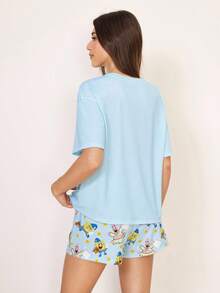 SpongeBob SquarePants | SHEIN Women's Cartoon Print Short Sleeve Top And Shorts Casual Loungewear Pajama Set - Blue - View 2