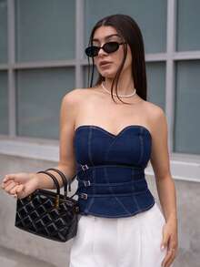 Andrea Bello Women's Buckle Design Fashion Fitted Denim Tube Top - Dark Wash - View 6