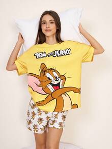TOM & JERRY X SHEIN 女士圆领卡通字母印花短袖上衣和短裤休闲家居服套装 - 黃色 - 查看 1