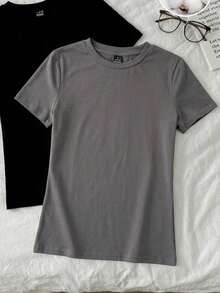 Tseoso 2pcs/Set Casual Minimalist Basic Round Neck Short Sleeve Undershirt, Black And Dark Grey, Spring/Summer,Summer Top - Multicolor - View 6