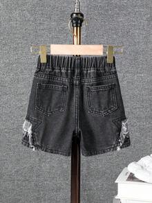 SHEIN 男童牛仔短裤，夏季新品，休闲可爱星星拼接毛边裤脚，松紧腰带，复古做旧水洗，时尚宽松直筒裤型，舒适棉质牛仔面料，适合夏季度假、日常出行和户外活动 - 灰色 - 查看 2
