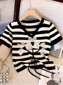 Women's V-Neck Applique Striped Print Casual Short Sleeve T-Shirt - Black and White - View 3