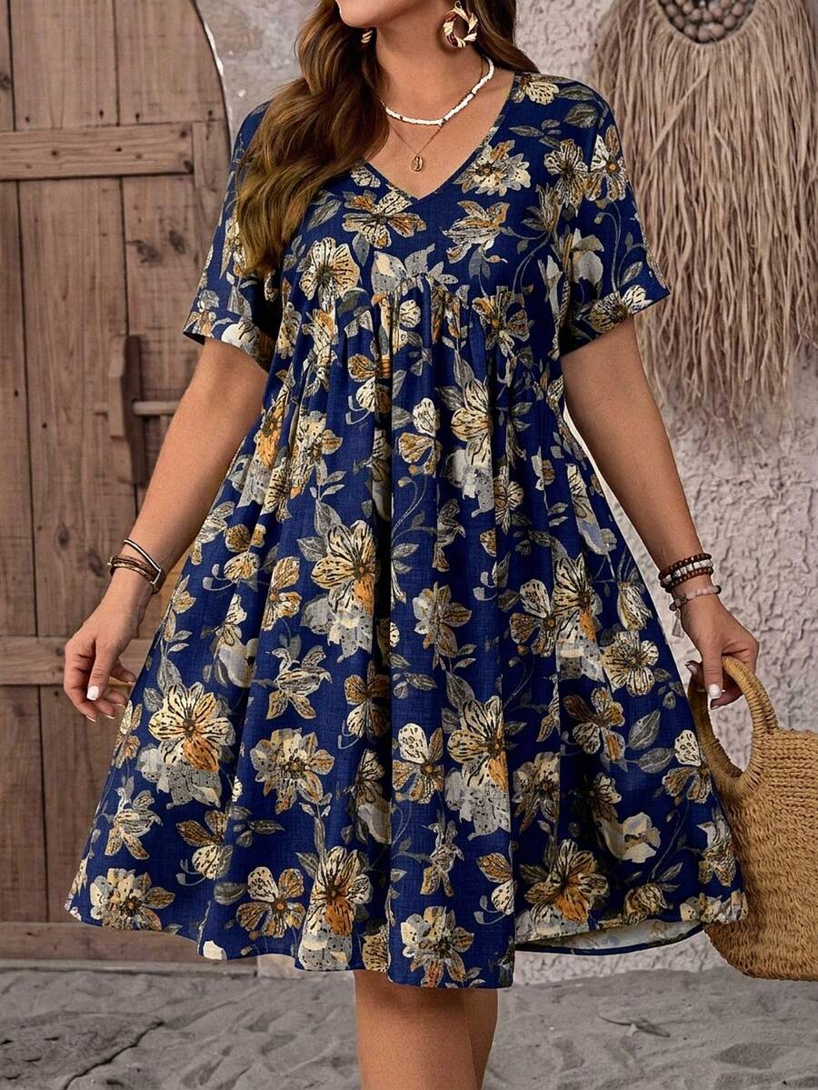 EMERY ROSE Đầm ngắn tay cổ chữ V in hoa cỡ lớn dành cho nữ, thích hợp cho kỳ nghỉ hè. - Màu xanh hải quân - Xem 1