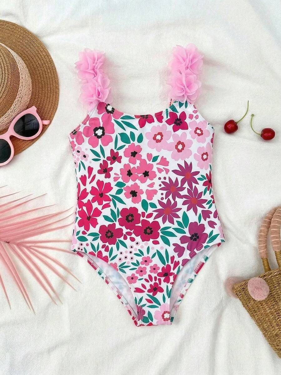 SHEIN 女童条纹蝴蝶结花卉连体泳衣 - 粉色 - 查看 1