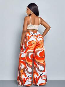 SOLERSUN Plus Size Women's Fashionable Liquid Ripple Art Pattern Wide Leg Pants,White Summer Boho Beach Holiday,Casual Loose High Elasticity Seaside Vacation - Orange - View 5