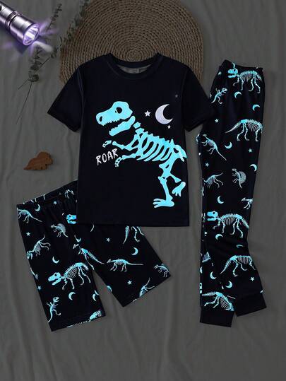 Set de 3 piezas de pijama ajustado con estampado de dinosaurios que brillan en la oscuridad para niños