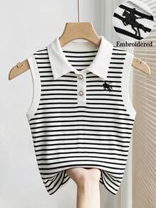 SHEIN Franclia 女士时尚优雅条纹印花纽扣无袖刺绣针织背心 - 黑與白 - 查看 3
