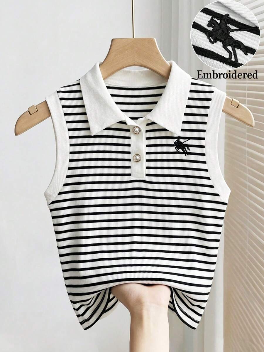 SHEIN Franclia 女士时尚优雅条纹印花纽扣无袖刺绣针织背心 - 黑與白 - 查看 1