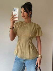 Women's Flounce Sleeve Round Neck Cinched Waist Blouse, Spring New Arrival Pleated Top Babydoll Tops Woman Women Tops Elegant Cinched Waist Top Cream Tops For Women,Summer Top - Apricot - View 1