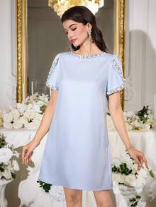 Modelyn Women's Faux Pearl & Sequin Decor Round Neck Peplum Short Sleeve Elegant Mini Dress - Blue - View 4