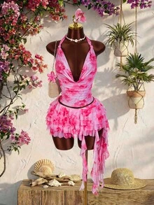 Amplova 女士两件套：深V领上衣+多层荷叶边网纱裙，性感前卫 - 粉色 - 查看 4