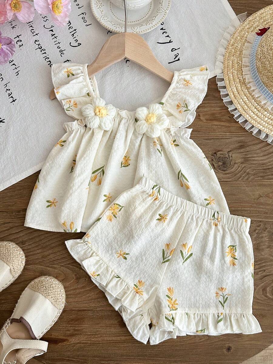 LMoss Kids Baby Girls Fashionable Cute Print Vest & Shorts Set - Multicolor - View 1