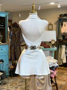 NostaNoir 女士纯色垂褶领时尚连衣裙 - 白色 - 查看 2