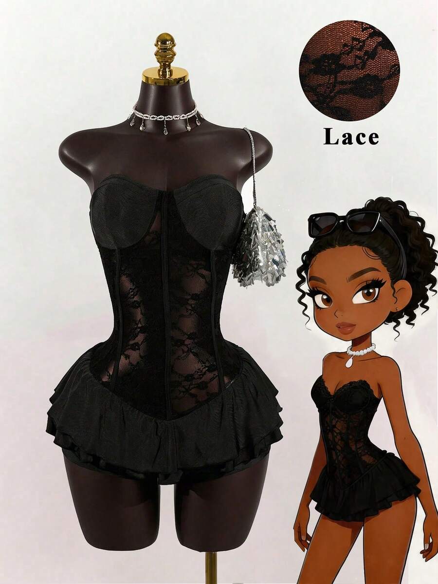SHEIN LUNE Women's Fashion Strapless Lace Sexy Sheer Party Cocktail Dress With Ruffle Hem, Fitted Waist, Satin Fabric, Mini Dress, Suitable For Spring/Summer - Black - View 1