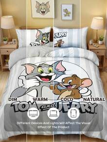 TOM & JERRY X SHEIN 3Pc Gray Striped Full Print Pattern Quilt Cover Set (1 Quilt Cover + 2 Pillowcases Without Core), Mouse And Cat Pattern, Microfiber Material, Soft And Warm, Multiple Sizes, Suitable For Single Bed/Double Bed/Queen Bed/King Bed, Retro Bedding, Cute Decoration - Light Grey - View 7