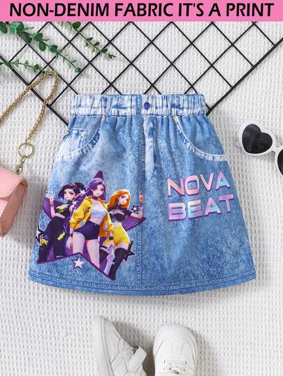 Young Girl' Faux Denim Texture + Anime Girl Graphic Print A-Line Flared Skirt, Suitable For Casual Daily Wear
