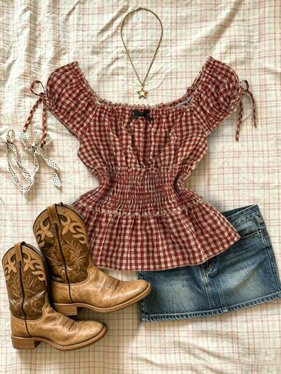 Elamini 红白格子波点可爱蝴蝶结装饰衬衫