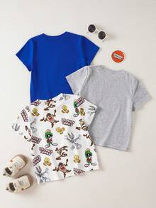LOONEY TUNES X SHEIN Bộ 3 áo thun ngắn tay in chữ hoạt hình phong cách thường ngày cho bé trai, thích hợp mặc hàng ngày mùa hè. - Nhiều màu - Xem 2