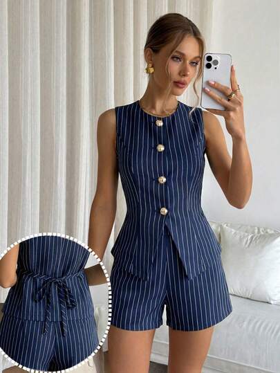 Siren Gaze 女士夏季优雅条纹两件套，无袖圆领纽扣前襟荷叶边背心搭配高腰短裤，适合办公室工作休闲穿着，藏蓝色白色条纹夏季套装，女士夏季服装，女士休闲套装，夏季服饰，商务休闲套装