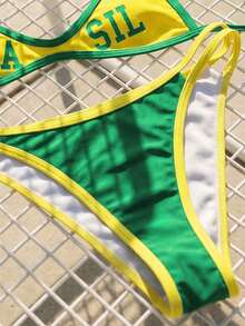 Swim Mod Bộ đồ đi biển 2 món dành cho nữ, thời trang dễ thương, gợi cảm, thích hợp cho kỳ nghỉ bên bờ biển, hồ bơi, tiệc tùng, kiểu Brazil, gồm áo crop top cổ yếm in chữ và quần bikini hai dây. - Nhiều màu - Xem 6