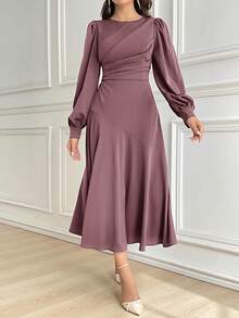 Modelyn Women's Solid Color Round Neck Lantern Sleeve Pleated Elegant Mid-Length Dress Long Evening Dresses - Dusty Pink - View 5