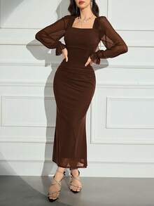 Modelyn Women's Solid Color Mesh Contrast Long Sleeve Casual Dress Long Evening Dresses - Coffee Brown - View 5
