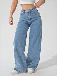 SHEIN ICON Spring Summer Casual Chic Vintage Plus Size Mid Wash Wide Leg Denim Daily Wear Weekend Street Style Women Jeans - Light Wash - View 4