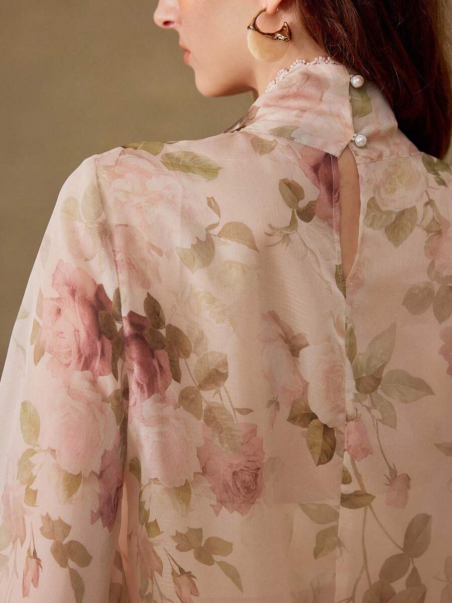 MOTF PREMIUM WOMEN'S ROMANTIC ELEGANT PLANTS PRINTED TIE NECK LONG SLEEVE BLOUSE, SPRING/SUMMER - Multicolor - View 1